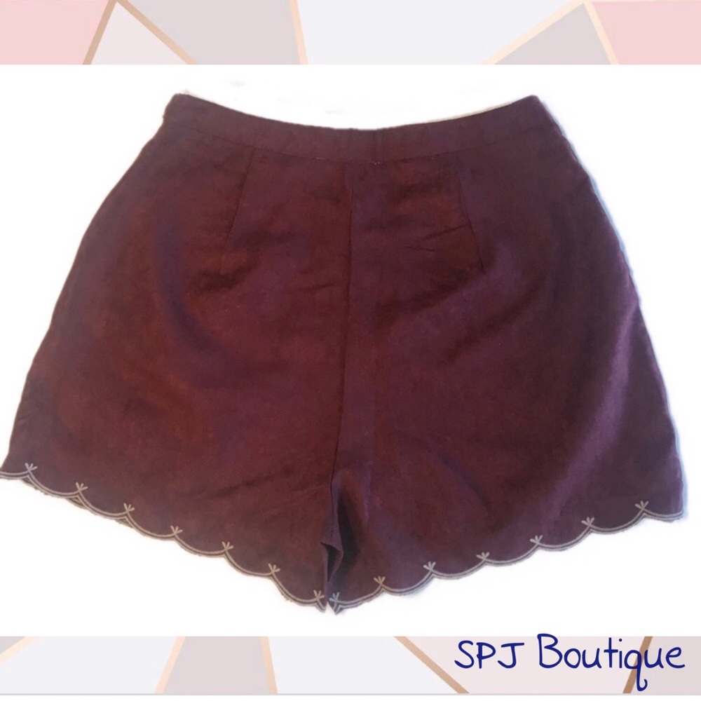 Shorts Scalloped Hem Faux Suede Burgundy